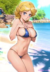 Rule 34 | 1girl, artist name, bare arms, bare shoulders, beach, bikini, blonde hair, blue bikini, blue eyes, blush, breasts, cleavage, collarbone, commentary request, day, gundam, hands on own chest, hands up, highres, kikka kitamoto, looking at viewer, medium breasts, medium hair, navel, oyaman, parted bangs, parted lips, photo background, shadow, shiny skin, stomach, swimsuit, thighs, water