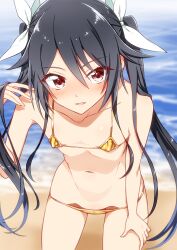 Rule 34 | beach, bikini, black hair, blue hair, blush, bra, breasts, collarbone, colored tips, covered erect nipples, duplicate, gold bikini, hair between eyes, hair ribbon, hand on own thigh, highres, holding, holding own hair, leaning forward, long hair, micro bikini, multicolored hair, navel, ocean, open mouth, ore twintail ni narimasu, outdoors, red eyes, ribbon, shiny skin, small breasts, smile, stomach, swimsuit, tsube aika, twintails, two-tone hair, underwear, very long hair, white bra, white ribbon, yuto (dialique)