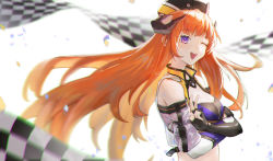 Rule 34 | 1girl, ;d, absurdres, arknights, bagpipe (arknights), bagpipe (queen no. 1) (arknights), black gloves, black hat, blurry, blurry background, blurry foreground, blush, breasts, checkered flag, chinese commentary, chromatic aberration, cleavage, clothing cutout, confetti, crop top, crossed arms, dragon horns, eyelashes, fingerless gloves, flag, floating hair, garrison cap, gloves, hat, highres, horns, long hair, looking at viewer, medium breasts, official alternate costume, one eye closed, open mouth, orange hair, purple eyes, race queen, shoulder cutout, simple background, smile, solo, upper body, v, white background, wind, wind lift, zhudouzi, zipper