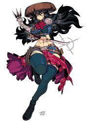Rule 34 | 1girl, abs, angry, armor, bandages, belt, black hair, buckle, dated, full body, hat, heterochromia, holding, kunai, long hair, nails, navel, ronin, roonsheen, scar, scar across the face, serious, shoes, shorts, signature, srious, thighhighs, thighs, weapon, white background, white iris