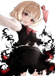 Rule 34 | 1girl, absurdres, ascot, bad anatomy, black skirt, black vest, blonde hair, blush, collared shirt, cowboy shot, fangs, hair ribbon, highres, long sleeves, looking at viewer, open mouth, ougiikun, red ascot, red eyes, red ribbon, ribbon, rumia, shirt, short hair, simple background, skirt, smile, solo, touhou, vest, white background, white shirt