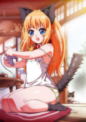 Rule 34 | 1girl, aida kan mori, animal ears, bare shoulders, bell, blonde hair, blue eyes, breasts, cat, cat ears, cat tail, collar, controller, game controller, long hair, neck bell, open mouth, panties, sitting, small breasts, solo, strap slip, striped clothes, striped panties, tail, underwear