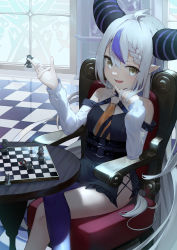 Rule 34 | 1girl, absurdres, ahoge, ascot, bare shoulders, black dress, braid, braided bangs, checkered floor, chessboard, demon horns, dress, feet out of frame, hair between eyes, hands up, highres, holding chess piece, hololive, horns, indoors, la+ darknesss, light blush, long sleeves, looking at viewer, multicolored hair, open mouth, pointy ears, purple hair, purple legwear, sideways glance, single leg pantyhose, sitting, smile, solo, streaked hair, table, thighs, virtual youtuber, wannatchears, white hair, yellow ascot