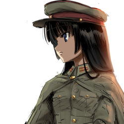 Rule 34 | 00s, 1girl, anabuki tomoko, bad id, bad pixiv id, blue eyes, cape, hat, long hair, messy (efuya), military, military uniform, peaked cap, simple background, sketch, solo, strike witches, strike witches: suomus misfits squadron, uniform, upper body, world witches series
