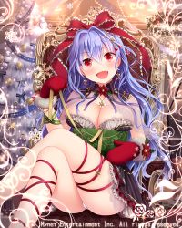 Rule 34 | 1girl, blush, bow, chair, christmas, crossed legs, falkyrie no monshou, fang, hair bow, light purple hair, long hair, looking at viewer, mittens, natsumekinoko, official art, open mouth, panties, pantyshot, red bow, red eyes, red mittens, red ribbon, ribbon, sitting, smile, solo, underwear, white panties