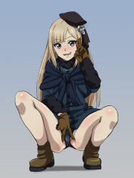 Rule 34 | 1girl, :d, ass, bare legs, black headwear, black panties, blonde hair, blue capelet, blue jacket, brown footwear, brown gloves, capelet, commentary request, fate (series), fur collar, gloves, gradient background, hand up, highres, jacket, long hair, lord el-melloi ii case files, lower teeth only, nomanota, open mouth, panties, reines el-melloi archisorte, shiny skin, smile, solo, squatting, teeth, tongue, underwear, v