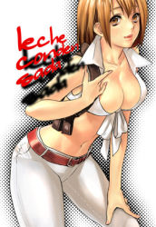 Rule 34 | 1girl, alternate costume, ashley graham, belt, bent over, blonde hair, breasts, brown eyes, cleavage, female focus, front-tie top, halftone, halftone background, jacket, katou teppei, lowres, midriff, pants, resident evil, resident evil 4, short hair, solo, white background