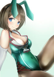 Rule 34 | 10s, 1girl, adapted costume, animal ears, black pantyhose, blush, breasts, cleavage, covered navel, elbow gloves, fake animal ears, gloves, gradient background, heart, heart-shaped pupils, kantai collection, large breasts, leotard, looking at viewer, maya (kancolle), nannacy7, pantyhose, playboy bunny, rabbit ears, short hair, smile, solo, symbol-shaped pupils