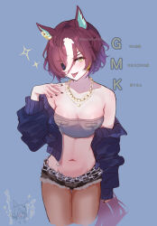 Rule 34 | 2girls, bandeau, bare shoulders, black nails, black pantyhose, blue jacket, brown hair, commentary request, eyepatch, grey bandeau, highres, jacket, jacket partially removed, jewelry, long sleeves, looking at viewer, midriff, mmm (mmm623), multicolored hair, multiple girls, navel, necklace, pantyhose, short shorts, shorts, solo focus, sparkle, streaked hair, tanino gimlet (umamusume), tongue, tongue out, twitter username, umamusume, vodka (umamusume), white hair