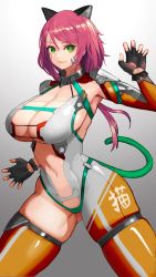Rule 34 | 1girl, animal ears, breasts, commission, commissioner upload, facial tattoo, gloves, green eyes, highres, hiragana oufu, leotard, linmei, linmei quan, original, red hair, scar, scar across eye, scar on face, science fiction, skeb commission, solo, tail, tattoo, thigh strap