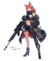 Rule 34 | 1girl, ahoge, animal ears, ankle boots, arm at side, artist name, assault rifle, asymmetrical clothes, asymmetrical footwear, bare shoulders, black footwear, black gloves, black jacket, black pants, blush, boots, breasts, crop top, dagger, fishnet legwear, fishnets, fn scar, fox ears, full body, fur-trimmed jacket, fur collar, fur trim, girls&#039; frontline, gloves, green eyes, gun, headgear, high heel boots, high heels, highres, holding, holding gun, holding weapon, jacket, knife, large breasts, legs apart, long hair, looking at viewer, navel, open clothes, open jacket, pandea work, pants, parted lips, partially fingerless gloves, pouch, red hair, rifle, sheath, sheathed, simple background, single pantsleg, sniper rifle, solo, standing, stomach, swept bangs, thigh strap, underbust, uneven footwear, weapon, white background