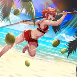 Rule 34 | 1girl, barefoot, beach, cloud, coconut, day, fire emblem, fire emblem fates, hinoka (fire emblem), holding, holding weapon, midriff, nintendo, ocean, official art, outdoors, palm tree, red hair, sand, sky, solo, sweat, swimsuit, tree, weapon