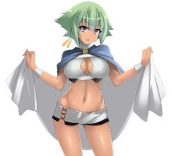 Rule 34 | 10s, 1girl, aquarion (series), aquarion evol, breasts, cape, cleavage, cleavage cutout, clothing cutout, green hair, groin, hevn, large breasts, navel, revealing clothes, shiny skin, short hair, short shorts, shorts, solo, tan, zessica wong