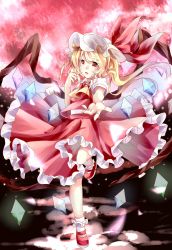 Rule 34 | 1girl, :d, absurdres, ascot, blonde hair, bobby socks, crystal, finger to mouth, flandre scarlet, foreshortening, frilled skirt, frills, full body, full moon, hat, hat ribbon, highres, looking at viewer, mary janes, mob cap, moon, open mouth, puffy short sleeves, puffy sleeves, reaching, reaching towards viewer, red eyes, red footwear, red moon, red ribbon, ribbon, shoes, short sleeves, side ponytail, skirt, skirt set, smile, socks, solo, standing, standing on one leg, touhou, white socks, wings, yilocity