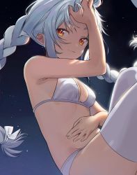 Rule 34 | 1girl, absurdres, alternate underwear, bloom, blue hair, bow, bra, braid, breasts, brown eyes, cleavage, cowboy shot, floating, from side, hair bow, hand in own hair, hand on forehead, hand up, highres, hololive, knees up, looking at viewer, moonlight, multicolored hair, night, seicoh, sidelocks, sky, small breasts, smirk, solo, star (sky), starry sky, thighhighs, twin braids, twintails, two-tone hair, underwear, underwear only, usada pekora, virtual youtuber, white bow, white bra, white hair, white thighhighs