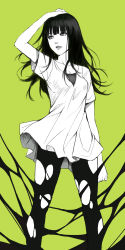 Rule 34 | 1girl, absurdres, arm at side, arm up, blunt bangs, collarbone, dress, green background, hand on own head, highres, legs apart, lips, long hair, looking afar, looking to the side, monochrome, original, pantyhose, short sleeves, simple background, solo, standing, tonee, torn clothes, torn pantyhose