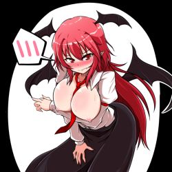 Rule 34 | 1girl, armband, between breasts, blush, breast hold, breasts, breasts out, demon wings, embarrassed, fang, fang out, head wings, huge breasts, koakuma, long hair, looking at viewer, low wings, midori niku, necktie, necktie between breasts, nipples, nose blush, open clothes, open shirt, pointy ears, red eyes, red hair, shirt, simple background, skirt, solo, spoken blush, touhou, very long hair, wings