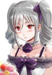 Rule 34 | 10s, 1girl, bare shoulders, blurry, blush, bouquet, breasts, choker, cleavage, depth of field, drill hair, flower, idolmaster, idolmaster cinderella girls, kanzaki ranko, long hair, reco (fortunequest), red eyes, silver hair, sketch, small breasts, solo, twin drills, twintails, white background