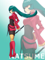 1girl aqua_hair ass blunt_bangs bodystocking bodysuit bodysuit_under_clothes boots breasts character_name commentary_request creatures_(company) crop_top cropped_jacket fwgm8784 game_freak gloves hand_on_own_hip high_heel_boots high_heels highres holding holding_whip jacket kneehighs long_hair long_sleeves medium_breasts nintendo partial_commentary pencil_skirt pokemon pokemon_frlg red_eyes red_jacket red_skirt sabrina_(pokemon) side_slit skirt socks solo turtleneck turtleneck_jacket white_gloves