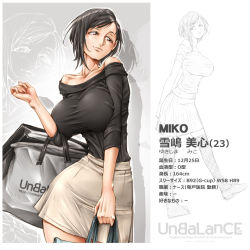 Rule 34 | 1girl, bare shoulders, breasts, character age, character name, character sheet, cowboy shot, full body, height, large breasts, measurements, miko (unbalance), miniskirt, narrow waist, pleated skirt, short hair, simple background, skirt, tagme, thighhighs, unbalance, white background, yukishima miko (unbalance), zettai ryouiki