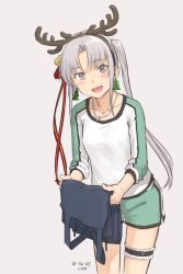Rule 34 | 1girl, adapted costume, ahoge, akitsushima (kancolle), antlers, aqua shorts, christmas tree earrings, collarbone, cowboy shot, dated, earrings, folded clothes, grey hair, horns, jewelry, kantai collection, kawashina (momen silicon), long hair, looking at viewer, necklace, reindeer antlers, shorts, side ponytail, sidelocks, simple background, solo, thigh strap, two-tone shirt, white background