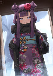 Rule 34 | 1girl, black gloves, black scarf, blue eyes, blush, closed mouth, commentary, double bun, gloves, hair bun, hair ornament, highres, hololive, hololive english, indoors, japanese clothes, kimono, long hair, long sleeves, looking at viewer, mole, mole under eye, ninomae ina&#039;nis, ninomae ina&#039;nis (new year), obi, pointy ears, print kimono, punished pigeon, purple hair, purple kimono, sash, scarf, smile, solo, standing, symbol-only commentary, takodachi (ninomae ina&#039;nis), virtual youtuber