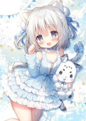 Rule 34 | 1girl, animal ears, bare shoulders, blue background, blue bow, blue dress, blue eyes, blue ribbon, blue skirt, blush, bow, claw pose, commentary request, cowboy shot, detached collar, detached sleeves, dress, grey hair, hair ribbon, holding, holding stuffed toy, kohaku nene, la peche party, layered skirt, leopard ears, leopard girl, leopard tail, looking at viewer, momozu komamochi, open mouth, ribbon, short hair, signature, skirt, smile, solo, string of flags, stuffed animal, stuffed leopard, stuffed toy, tail, tail bow, tail ornament, thighs, virtual youtuber, white background, white skirt