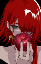 Rule 34 | 1other, absurdres, apple, black background, collarbone, crescent, crescent earrings, crimson (ragna crimson), earrings, food, fruit, green eyes, hair between eyes, hair over one eye, highres, holding, holding food, holding fruit, jewelry, looking at viewer, ragna crimson, red apple, red hair, red nails, simple background, solo, upper body, victima