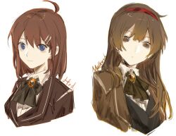 Rule 34 | 2girls, ahoge, black vest, blue eyes, bow, bowtie, brown coat, brown eyes, brown hair, character name, coat, collared shirt, green bow, green bowtie, hair ornament, hairband, hairclip, hod (project moon), kitakawayui, library of ruina, long hair, long sleeves, looking at viewer, malkuth (project moon), multiple girls, project moon, red hairband, shirt, simple background, upper body, vest, white background
