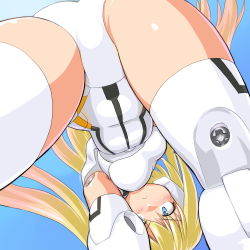 Rule 34 | 10s, 1girl, :&lt;, all fours, altrene, arnval, ass, bad id, bad pixiv id, blonde hair, blue background, blue eyes, blush, bodysuit, breasts, busou shinki, crotch, dd (ijigendd), doll joints, elbow gloves, foreshortening, from below, frown, gloves, gradient background, gradient hair, headgear, hip focus, joints, leotard, long hair, looking at viewer, multicolored hair, orange hair, perspective, solo, spread legs, thighhighs, thighs, very long hair, white gloves, white thighhighs