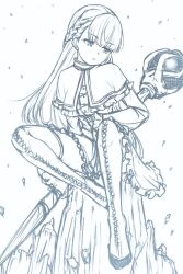 Rule 34 | 1girl, akatsuki (akatsukinotsuki), blunt bangs, braid, capelet, closed mouth, commentary request, dress, expressionless, french braid, frilled capelet, frilled skirt, frills, full body, greyscale, holding, holding staff, lawine (sousou no frieren), long hair, long sleeves, mage staff, miniskirt, monochrome, sitting, skirt, solo, sousou no frieren, staff, thighhighs