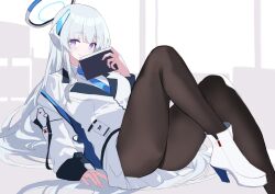 Rule 34 | black pantyhose, blue archive, blue necktie, blunt bangs, book, chikoku, coat, cropped legs, hair ornament, halo, high heels, highres, holding, holding book, jacket, light smile, long hair, looking at viewer, lying, mechanical halo, necktie, noa (blue archive), on back, pantyhose, pleated skirt, purple eyes, school uniform, shirt, sidelocks, simple background, sketch, skirt, sleeves past wrists, very long hair, white coat, white footwear, white hair, white jacket, white shirt, white skirt