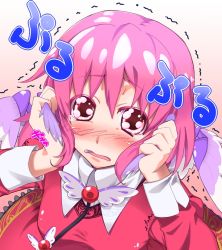 Rule 34 | 1girl, adapted costume, animal ears, arms up, blush, embarrassed, face, female focus, from above, hands on own face, haruichi (komikal), looking at viewer, looking up, mystia lorelei, no headwear, no headwear, pink eyes, pink hair, sad, short hair, solo, teardrop, touhou, trembling