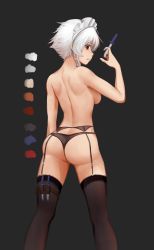 Rule 34 | ass, back, bare arms, bare back, bare shoulders, black panties, black thighhighs, braid, breasts, from behind, garter belt, garter straps, highres, holding, holding knife, izayoi sakuya, knife, lace, lace-trimmed legwear, lace trim, legs, looking at viewer, looking back, maid headdress, medium breasts, mochi (chain csn), panties, profile, red eyes, side braid, sideboob, solo, standing, thighhighs, thong, topless, touhou, underwear, white hair