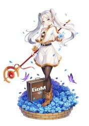 Rule 34 | 1girl, absurdres, animal, belt, belt buckle, black belt, black pantyhose, blue flower, boots, breasts, brown footwear, buckle, bug, butterfly, capelet, closed mouth, commentary request, elf, floating hair, flower, frieren, full body, green eyes, grey hair, highres, holding, holding flower, holding staff, insect, long hair, long sleeves, looking at viewer, orb, pantyhose, petals, pointy ears, shirt, simple background, skirt, small breasts, solo, sousou no frieren, staff, standing, striped clothes, striped shirt, suitcase, twintails, very long hair, white background, white capelet, white skirt, xiao miao