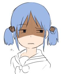 Rule 34 | 1girl, blue hair, bow, cropped torso, cube hair ornament, goldowl, hair ornament, looking away, looking to the side, naganohara mio, nichijou, parted lips, sailor collar, school uniform, serafuku, shaded face, shirt, simple background, solo, tokisadame school uniform, twintails, upper body, white background, white sailor collar, white shirt