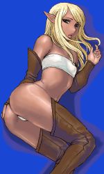 Rule 34 | 1girl, ass, bandeau, blonde hair, blue background, boots, brown eyes, detached sleeves, elf, flat chest, gloves, lips, long hair, lowres, matoyama, oekaki, panties, pointy ears, solo, strapless, tan, thigh boots, thighhighs, tube top, underwear
