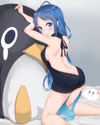 Rule 34 | 10s, 1girl, ahoge, alternate costume, ass, back, backless dress, backless outfit, bare back, bare shoulders, bed sheet, black dress, black sweater, blue eyes, blue hair, blush stickers, breasts, butt crack, closed mouth, cowboy shot, dimples of venus, dress, failure penguin, female focus, fingernails, from behind, gradient hair, halterneck, highres, instant (ioarthus), kantai collection, kneeling, legs apart, long hair, looking at viewer, looking back, medium breasts, meme attire, multicolored hair, naked sweater, no bra, no panties, on bed, ribbed sweater, samidare (kancolle), shoulder blades, sideboob, sleeveless, sleeveless turtleneck, smile, solo, sweater, sweater dress, turtleneck, turtleneck sweater, very long hair, virgin killer sweater
