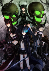 Rule 34 | 10s, 4girls, bad id, bad pixiv id, bikini, bikini top only, black gold saw, black hair, black rock shooter, black rock shooter (character), blue eyes, boots, chain, coat, dead master, glowing, glowing eye, glowing eyes, green eyes, highres, hood, horns, iceky, king saw, long hair, mechanical arms, midriff, multiple girls, navel, pale skin, red eyes, short hair, shorts, single mechanical arm, smile, strength (black rock shooter), swimsuit, sword, twintails, weapon, white hair
