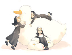 Rule 34 | 3girls, bird, black eyes, black footwear, blonde hair, blush, borrowed character, bow, brown hair, chicken, closed eyes, clumsy nun (diva), duck, froggy nun (diva), frown, habit, little nuns (diva), long sleeves, mouth hold, multiple girls, nun, simple background, smile, sparkle, spicy nun (diva), tamagosho, traditional nun, white background