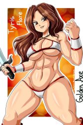 Rule 34 | 1girl, abs, amazon warrior, artist name, bikini, blush, body blush, breasts, brown eyes, brown hair, cleavage, golden axe, groin tendon, highres, hip bones, large breasts, long hair, marcelo rodrigues, sega, shiny skin, sideboob, smile, swimsuit, sword, thick thighs, thighs, toned, tyris flare, underboob, weapon, wide hips