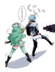 Rule 34 | 1boy, 1girl, anger vein, arm up, ass, black footwear, black sleeves, bleach, bleach: sennen kessen-hen, blue hair, boots, clothes lift, commentary request, detached sleeves, from behind, full body, fur-trimmed thighhighs, fur trim, grabbing, grabbing from behind, green hair, green panties, green thighhighs, grimmjow jaegerjaquez, hair ornament, highres, long hair, motion lines, nelliel tu odelschwanck, panties, pants, shirt, shirt grab, short hair, simple background, skirt, skirt lift, skull hair ornament, sleeves past wrists, sleeves rolled up, sound effects, speech bubble, standing, thighhighs, translated, twitter username, underwear, very long hair, wavy hair, white background, white pants, white shirt, wind, wind lift, yanono 015, zettai ryouiki