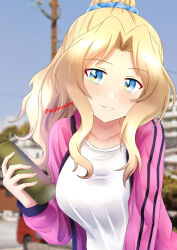 Rule 34 | 1girl, alternate hairstyle, blonde hair, blue eyes, blue scrunchie, blue sky, blurry, blurry background, bottle, clear sky, commentary, day, depth of field, girls und panzer, hair intakes, hair ornament, hair scrunchie, hair up, head tilt, highres, holding, holding bottle, jacket, kay (girls und panzer), long hair, long sleeves, looking at viewer, open clothes, open jacket, outdoors, parted lips, pink jacket, ponytail, redbaron, scrunchie, shirt, sky, smile, solo, t-shirt, track jacket, twitter username, water bottle, white shirt