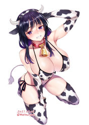 Rule 34 | 1girl, 2021, animal ears, animal print, arm up, bell, bikini, blush, breasts, chinese zodiac, cleavage, collar, covered erect nipples, cow ears, cow horns, cow print, cow print bikini, cow tail, cowbell, dated, elbow gloves, fake animal ears, fake horns, fake tail, female admiral (kancolle), gloves, grin, hairband, highres, horns, kantai collection, kneeling, large breasts, long hair, looking at viewer, matsuryuu, mole, mole under mouth, neck bell, open mouth, original, print bikini, purple eyes, purple hair, side-tie bikini bottom, simple background, smile, solo, swimsuit, tail, thighhighs, white background, year of the ox