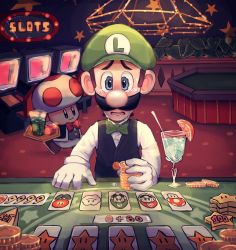 Rule 34 | 2boys, black hair, black vest, blue eyes, bow, bowtie, brown hair, casino, coin, crying, crying with eyes open, cup, facial hair, gambling, gloves, green bow, green headwear, green neckwear, highres, hiyashimeso, indoors, long sleeves, luigi, mario (series), multiple boys, mustache, new super mario bros., nintendo, open mouth, shirt, slot machine, solo focus, star (symbol), super mario 64 ds, super star (mario), tears, toad (mario), tray, upper body, vest, white gloves, white shirt