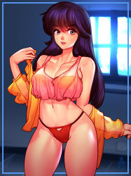 Rule 34 | 1girl, ayukawa madoka, bandeau, blurry, blurry background, breasts, cameltoe, cheunchin, cleavage, collarbone, commentary, cowboy shot, crop top, crop top overhang, english commentary, fingernails, grey eyes, highres, indoors, kimagure orange road, lingerie, lips, long hair, looking at viewer, medium breasts, navel, off shoulder, panties, purple hair, red panties, see-through, solo, standing, stomach, thighs, toned, underwear, w arms, window