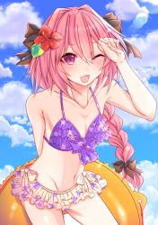 Rule 34 | 1boy, astolfo (fate), bad id, bad pixiv id, bikini, blush, cloud, crossdressing, day, fate/apocrypha, fate/grand order, fate (series), long hair, looking at viewer, male focus, navel, one eye closed, open mouth, pink hair, purple eyes, shisei (kyuushoku banchou), sky, smile, solo, swimsuit, trap