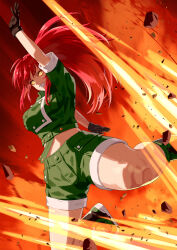 Rule 34 | 1girl, black gloves, boots, combat boots, dark persona, explosion, gloves, glowing, glowing eyes, green jacket, green shorts, highres, jacket, leona heidern, orochi leona, ponytail, red hair, shorts, soldier, solo, suspenders, the king of fighters, yagi2013, yellow eyes