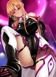 Rule 34 | 1girl, ass, asuna (sao), bar censor, bare shoulders, black gloves, blonde hair, blush, breasts, cameltoe, censored, corruption, dark persona, earrings, elbow gloves, from below, gloves, highres, jewelry, large breasts, leotard, miyashiro ryuutarou, penis, pov, pussy juice, red eyes, shoejob, smile, solo focus, sword art online, thighhighs, white thighhighs