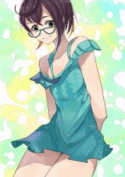 Rule 34 | 10s, 1girl, absurdres, adapted costume, ahoge, alternate costume, arms behind back, bad id, bad twitter id, bare shoulders, black hair, blue-framed eyewear, commentary request, glasses, green eyes, highres, kanmiya shinobu, kantai collection, looking at viewer, multicolored hair, okinami (kancolle), pink hair, short hair, smile, solo, swimsuit